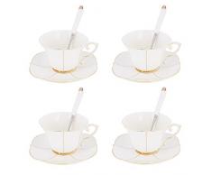 Artvigor Sets de 4 Tasse à Café en Porcelaine, Service à Thé Anglaise 200ml avec Cuillère et Soucoupe, pour 4 Personnes Style Classique
