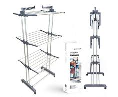 Enowva Etendoir à Linge, Séchoir à Linge avec roulettes Grande Capacité sur 3 Niveaux Ailes Pliables Tubes en Acier Inoxydable Rangement Facile (Voir vidéo)