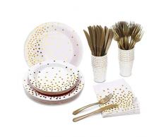 DreamJing 70pcs Vaisselle Jetable Service 10 Invités - Blanc et Or Assiette Fourchette Cuillère Gobelet en Papier Serviette en Papier pour Anniversaire Mariage Baby Shower Baptême Noël