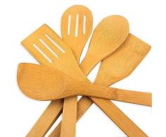 hollylife 5PCS Ustensiles de Cuisine en Bois pour Poêle antiadhésive Outil de Cuisine Ensemble Accessoires Complet Bambou 30CM cuillère Spatula Turner Non Toxiques déformation durabilité Ergonomique
