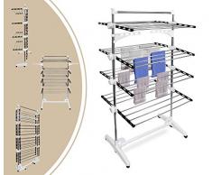 Leogreen - Etendoir à Linge, Séchoir à Linge, 4 étagères, Noir/Blanc, avec Ailes et Barre supérieure, Matériau: Tubes en Acier Inoxydable, Nombre de Barres: 32
