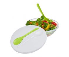 Relaxdays 10024703 Bol saladier à emporter, boîte à Salade avec Couvercle & Couverts, Plastique, H x D 9,5 x 28 cm, Blanc-Vert