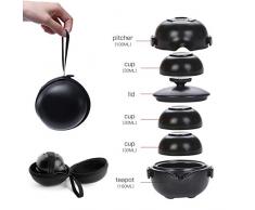 Mini théière chinoise portable en céramique avec sac de protection, 1 pot 3 mini tasses tout en un pour le camping en plein air