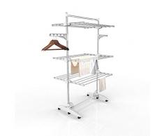 Todeco - Etendoir à Linge, Etendage à Linge - Matériau: Tubes en Acier Inoxydable - Charge maximale: 3 kg par Barre de Support - 3 étagères, Blanc, avec Ailes et Barre supérieure