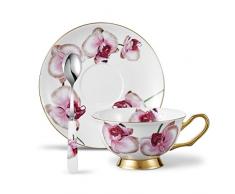 Panbado, Série Fleur 011, Ensemble Tasse Soucoupe Porcelaine Anglaise à la Cendre dos, Bone Chine Service à Thé Café,avec Cuillère- 1 Set 200ml