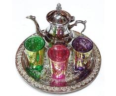 kenta Lot de Te Marocaine Plateau gravé 25 cm + 3 Verres Multicolores + théière Petite