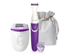 Philips BRP505/00 Coffret dépilation Corps et Maillot, avec Epilateur électrique Satinelle Essential, Tondeuse Bikini, Sabot 3mm et Pochette de luxe
