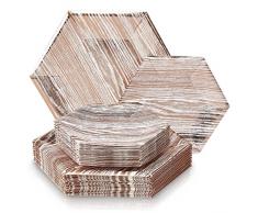 SERVICE DE VAISSELLE DE FÃTE JETABLE 36 PCS, 18 assiettes à dîner, 18 assiettes à dessert, Design hexagonal boisé, pour mariages et dîners de haut standing (collection Wood - blanc/rose)