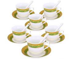 ufengke 7oz Set de Tasse à Café,Service à Café en Porcelaine Motif Café Vert et Or,Ensemble de 6 Tasse à Thé en Céramique et Soucoupe