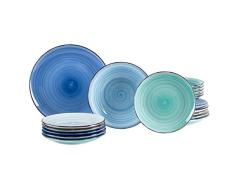 Service dassiettes MamboCat 18 pièces Blue Baita | faïence fine | grande assiette à dîner + assiette creuse + assiette à gâteau | 6 tons de bleu | résistant au four