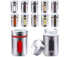Pot a Epice - 12 Bocaux à épices Argentés en Inox de 80ml - Avec Vue sur le pot et 3 Modes de Saupoudrage