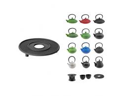 quantio Théière Asiatique en fonte - Différents modèles et couleurs au choix, tasses, soucoupe ou chauffe-plat Théière avec passoire à thé - réglages. Untersetzer Gusseisen Ø 14 Cm Black