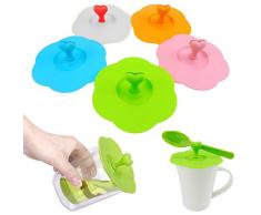JJ Prime – Lot de 5 couvercles de tasses en silicone avec support pour cuillère en forme de cœur