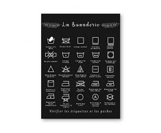 HYFBH Impression sur Toile français Symbole de blanchisserie Signe Noir et Blanc Affiche Murale Art Photo Toile Peinture buanderie décor 40x50 cm (15,7x19,7) avec Cadre