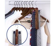 SONGMICS Lot de 10 Cintres en bois pour costumes, avec un Porte-cravate 20 places, 100% bois naturel, Couleur marron, avec Barre à pantalon, 2 encoches et crochet rotatif, CRW01X-10A