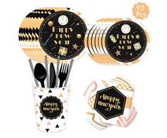 Vaisselle Jetable de Noël - Vaisselle en papier de Noël noir et or / Assiette / Gobelet en Papier / Couteau / Fourchette / Cuillère / Serviette / Paille Décoration de Table de Noël Servir 8 Invités