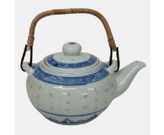 Théière en céramique chinoise VTG/accents de bambou bleu/finition