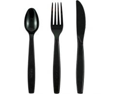 Pritogo - Lot de 150 Couverts en Plastique - 50 fourchettes, 50 cuillères et 50 Couteaux - Noir - sans bisphénol A - Extra Stables et Grands (19,5 cm) (50 fourchettes, 50 Couteaux, 50 cuillères Noir)