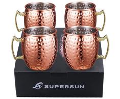 SUPERSUN Verre Moscow Mule, Ensemble de Verres en Cuivre Faits à La Main avec 4 x Tasses, sous-Verres & Pailles pour Cocktail, 1 x Tasse à Mesurer pour Gin, Chopes à Bière, Cadeau