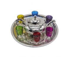 Service à thé Complet. Maroc n ° 9-1. Il Comprend Un Plateau en métal argenté de 38 cm, 6 Verres et 1 théière de Un Litre équivaut à 12 Verres. Excellente qualité et Design