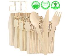 200PCS Coutellerie en Bois Jetable Assiette Jetable Vaisselle Jetable Ustensiles Biodégradables Ecologiques Couverts Jetables en Bois pour Anniversaire fête Camping Pique-Nique Barbecue