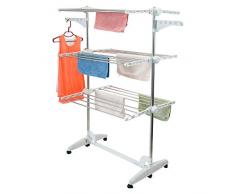 Todeco - Etendoir à Linge, Etendage à Linge - Matériau: Tubes en acier inoxydable - Charge maximale: 2,72 kg par barre de support - 3 étagères, Blanc, avec ailes