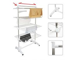 Todeco - Etendoir à Linge, Etendage à Linge - Matériau: Tubes en acier inoxydable - Charge maximale: 3 kg par barre de support - 4 étagères, Blanc, avec ailes et barre supérieure