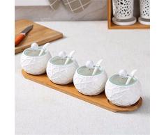 KITCHEN BXM Sugar Bowl, Sucrier en céramique avec cuillère à Sucre et Couvercle en Bambou pour la Maison et la Cuisine - Design Moderne, Blanc, 4 pièces, D
