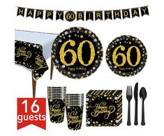 VAINECHAY 114pcs Vaisselle Jetable Anniversaire 60ème Assiette Dîner Tasse Serviette Papier Nape Couteau Fourchette Cuillère Nappe Table Bannière Party Fête Mariages Baby Shower Noël, Noir Or
