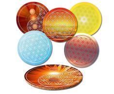 ADDIES Dessous de Plat 6 pièces Set Fleur de vie en verre de qualité boîte cadeau transparente et dos en liège, rond, 6 motifs différents, M de 5