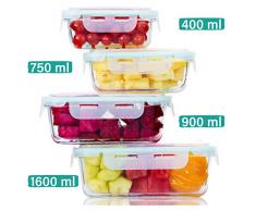 Praknu Boite de Conservation en Verre avec Couvercle - Set de 4 Boites Alimentaires- Etanche- sans BPA - Verre Borosilicate
