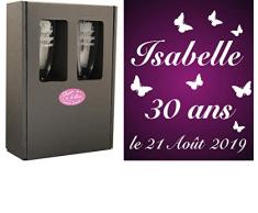2 Flûtes à Champagne Gravées – Age personnalisable + Prénom - Modèle Anniversaire Papillons avec Coffret Cadeau - Cadeau danniversaire personnalisé – Verre gravé – Coupe de Champagne personnalisée
