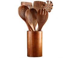 Ustensiles de cuisine en bois, 7 cuillères et spatules en bois teck pour la cuisine, élégant, vendu et antiadhésif pour la maison et la décoration de cuisine