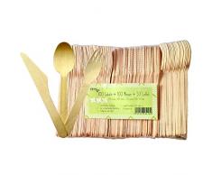 Pritogo Couverts jetables en bois de bouleau - 250 pièces - 100 % naturel, respectueux de lenvironnement et stable, environ 16,5 cm de long, marron, 100-Gabeln + 100-Messer + 50-Löffel