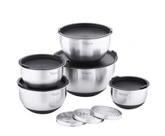 Velaze Bol à Mélanger Saladier de 5 Pièces en Acier Inoxydable, avec Poignée et Couvercle, Bol à Céréales Mesures Graduées, Base en Silicone Antidérapante