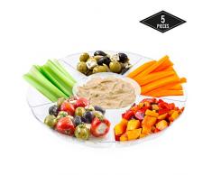 5 Plateaux à Compartiments en Plastique Dur pour Apéritif avec 6 Sections, Rond & Transparent, 30,5x11,6cm - Robuste, Jetable & Réutilisable| Amuse-Gueules de Fête, Collations Snacks, Trempettes.