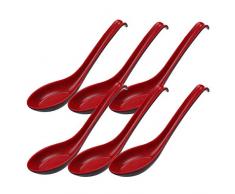 Kaerm 6 Pcs Cuillères à Soupe Cuillère à Long Manche Style Chinois Porcelaine dimitation Mélamine Plastique Cuillère à Riz Noir Rouge 6 Pcs