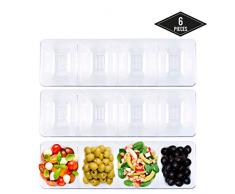 6 Plateaux à Compartiments en Plastique Dur pour Apéritif avec 4 Sections, Rectangulaire & Transparent, 40,5x12,5cm| Robuste Jetable & Réutilisable| Amuse-Gueules de Fête Collations Snacks Trempettes