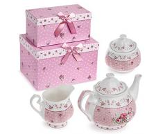 Service à thé en porcelaine, théière, sucrier et pot à crème vintage shabby chic motif floral avec coffret cadeau