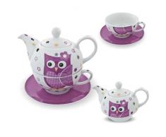 G. Wurm GmbH + Co. KG Service à thé en porcelaine pour une personne avec théière et tasse avec soucoupe Motif chouette Rose et blanc