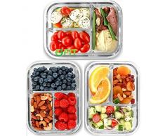 Boîte à repas avec 3 Compartiments en verre [3 Packs, 1000 ML] - Contenants de stockage des aliments avec couvercles sans BPA, boîte bento, Gamelle, contrôle des portions, étanche à lair