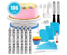 Plateau Tournant Gateaux, 106pcs Décoration Professionnel Ustensiles Kit pour Décorer Le Gâteau Layer Cake, Spatule Douille Patisserie INOX Poche Outils de Lissage Parfait pour Débutant Pro Patissier