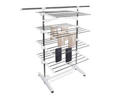 Todeco - Etendoir à Linge, Etendage à Linge - Matériau: Tubes en Acier Inoxydable - Charge maximale: 3 kg par Barre de Support - 4 étagères, Blanc, avec des Ailes et Une Barre supérieure étendue