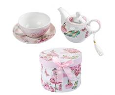 London Boutique Tea for One Théière, Tasse et soucoupes Vintage Flora Rose Lavande Coffret Cadeau Porcelaine (Classic Lady)