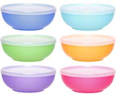 idea-station Neo Bol Plastique 6 Pieces, 17 cm, 750 ML, Couleur, avec Couvercle, Bols, reutilisable, Rigide, Rond, empilable, Petit Dejeuner, saladiers, Coupes, Vaisselle, Camping, Enfant, Bebe