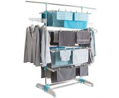 IDMarket - Séchoir à Linge Blanc/Bleu 4 Niveaux réglables XXL + Barre télescopique