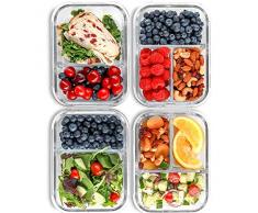 Boîte à repas avec 2 & 3 Compartiments en verre [4 Packs, 950 ML] - Contenants de stockage des aliments avec couvercles sans BPA, boîte bento, Gamelle, contrôle des portions, étanche à lair