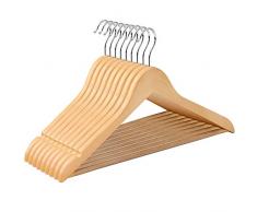 SONGMICS Cintres en bois d’érable, Lot de 10, Barre antiglisse, Encoches, Conception ergonomique, Longueur 44,5 cm, Crochet rotatif, Couleur de bois CRW001-10