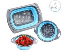 3 Pièces - Passoire Pliable en Silicone, Passoire Rétractable, 3 Tailles - Extensible, Robustes et sans BPA avec Poignée Antidérapante - Parfait pour Égoutter Légumes, Fruits, Pâtes, etc.