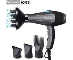Basuwell Sèche Cheveux Professionnel 2100W Ionique/Infrarouge Lointain Salon Sèche-Cheveux avec Diffuseur Peigne et Buse, Puissant AC Moteur Seche Cheveux Gris